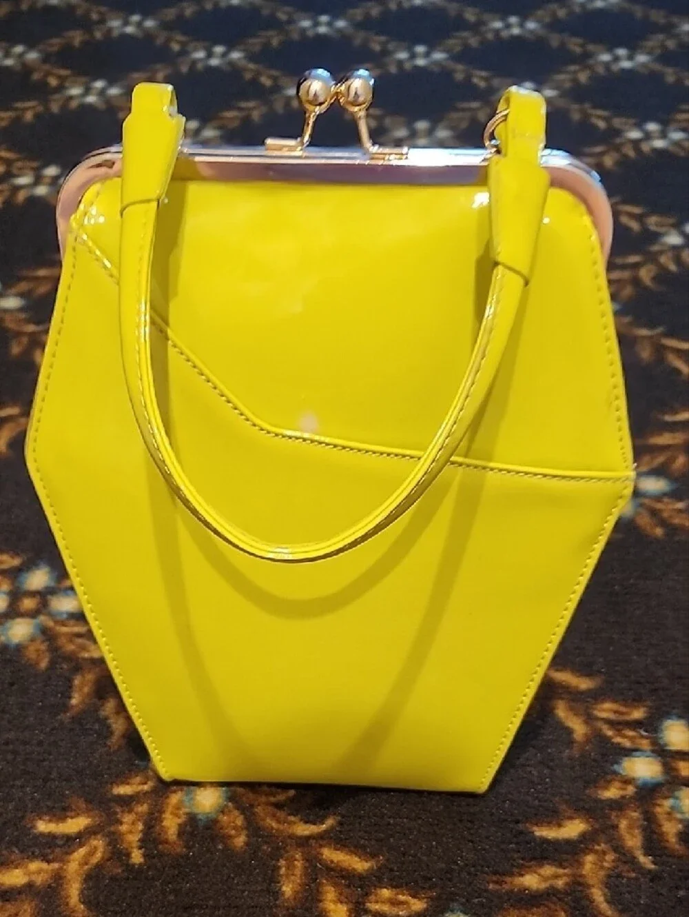 Tatyana Yellow Patent Hexagon Kiss-Lock Clutch